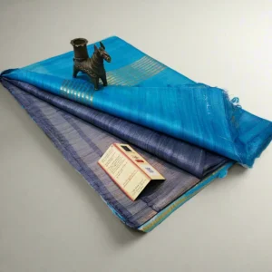 Grey & Blue Handloom Tussar Ghicha Silk Saree