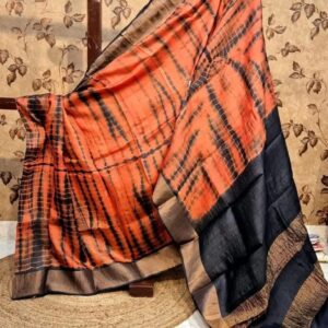 Semi Tussar Silk Orange & Grey Colour Shibori Saree – Elegant Handcrafted Style