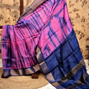 Blue & Pink Shibori Design Saree – Elegant Semi Tussar Silk Saree