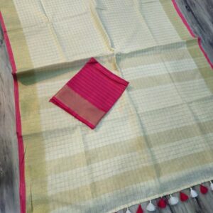Pure Linen by Linen Check Zari Saree – Cream with Pink Zari Border